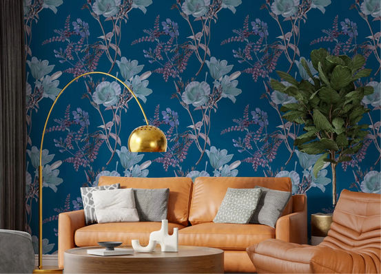 Office space using Nighttime Botanical blue floral Wallpaper, GD9354