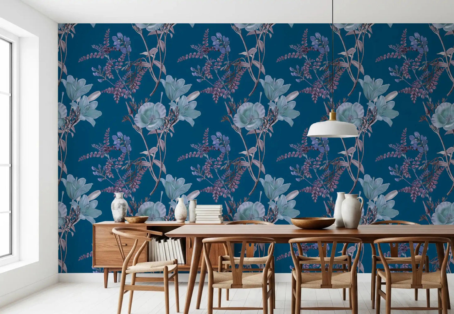 Dining room with Nighttime Botanical Elegance Wallpaper in blue