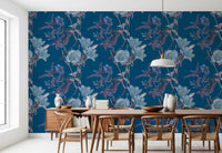 Dining room with Nighttime Botanical Elegance Wallpaper in blue