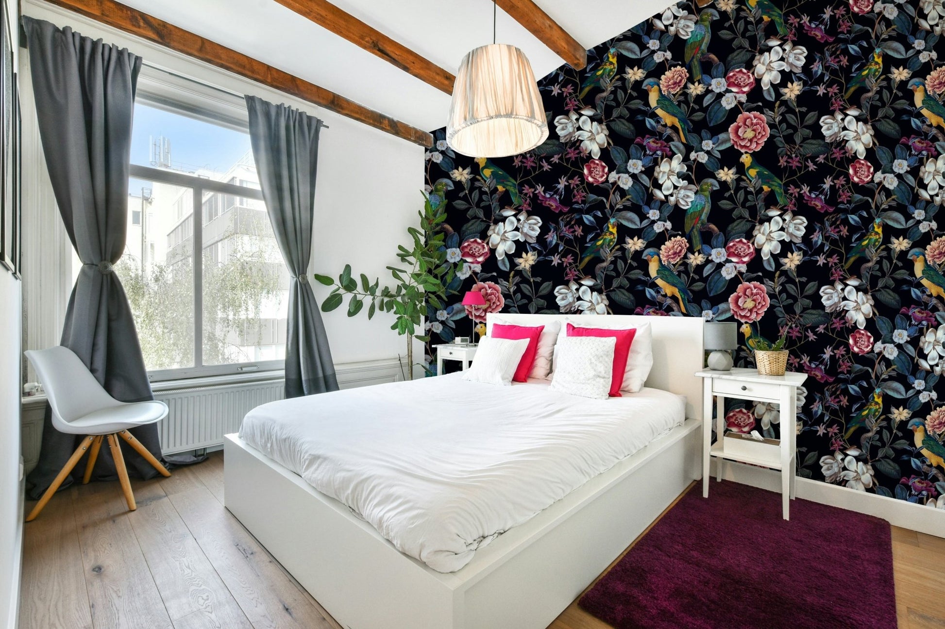 Enchanting tropical leaves under a night sky wallpaper design.

