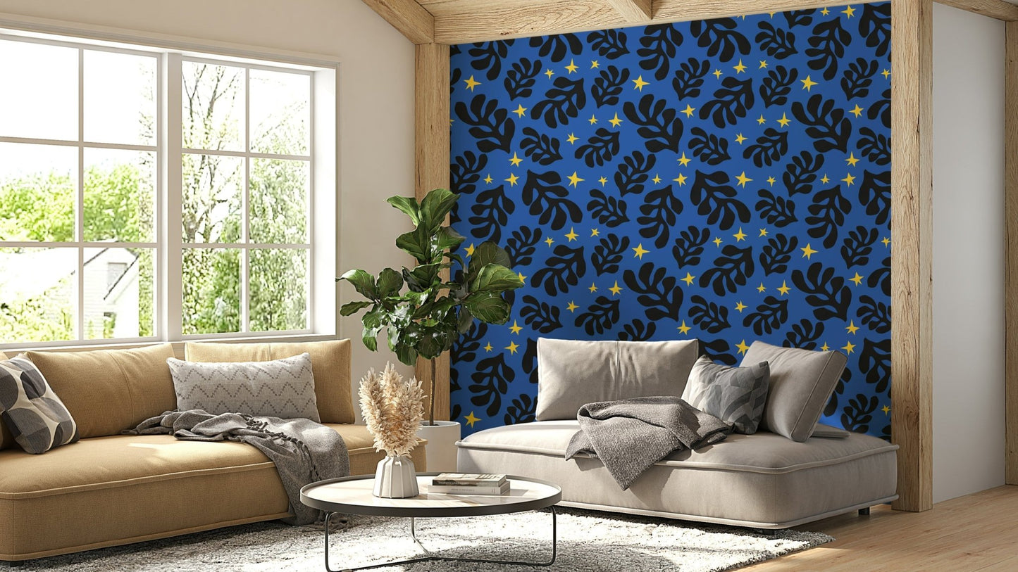 A detailed image of a wallpaper featuring a pattern of abstract, geometric shapes.

