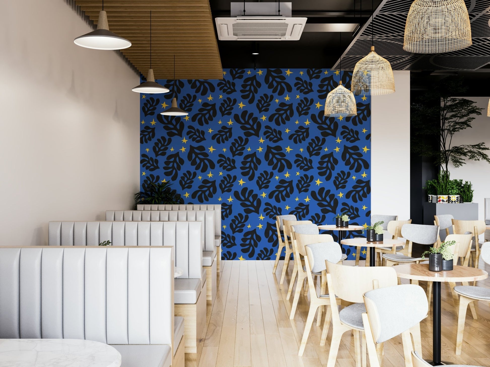 The pattern adds a sense of depth and visual interest to the space.

