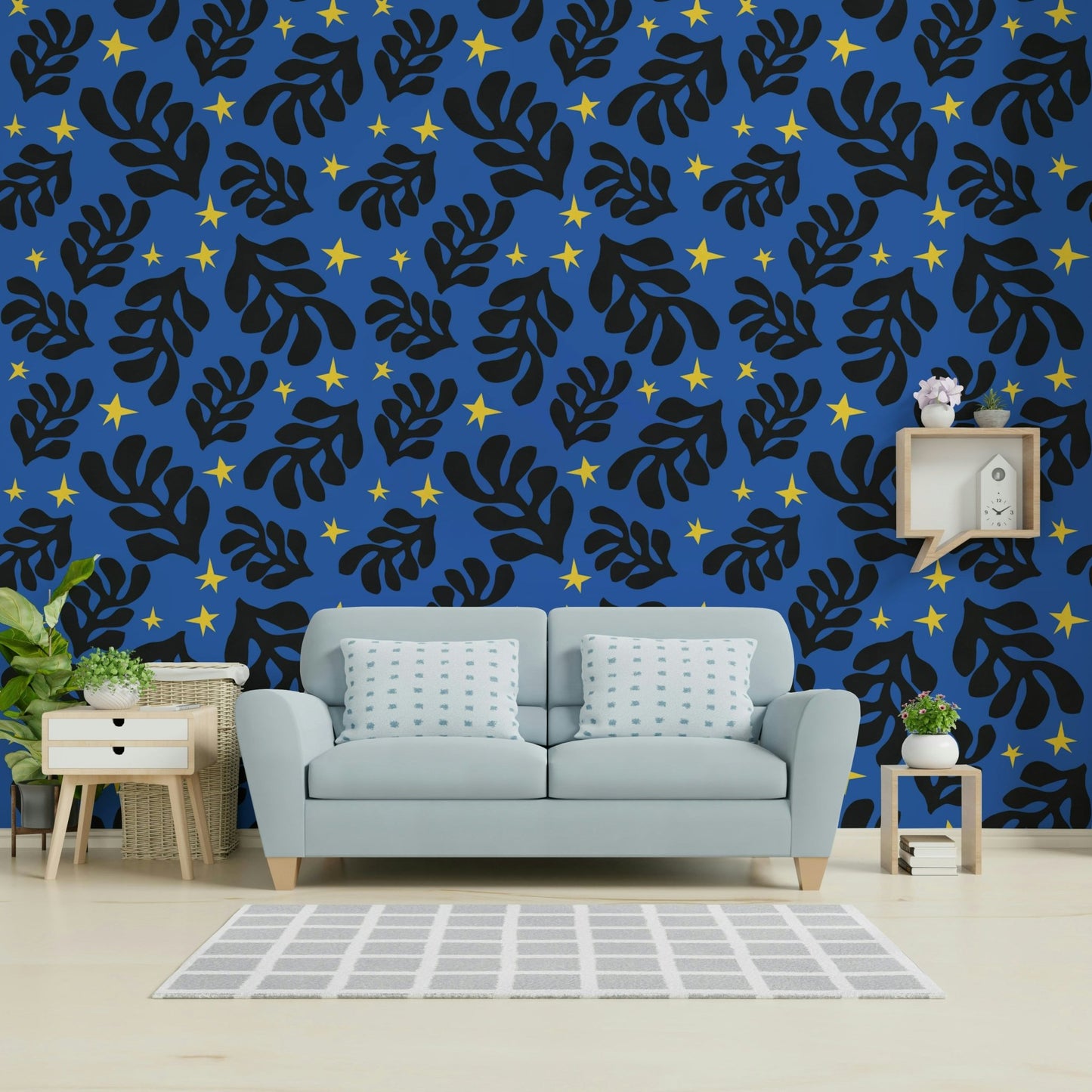 The wallpaper serves as a bold, statement-making backdrop.

