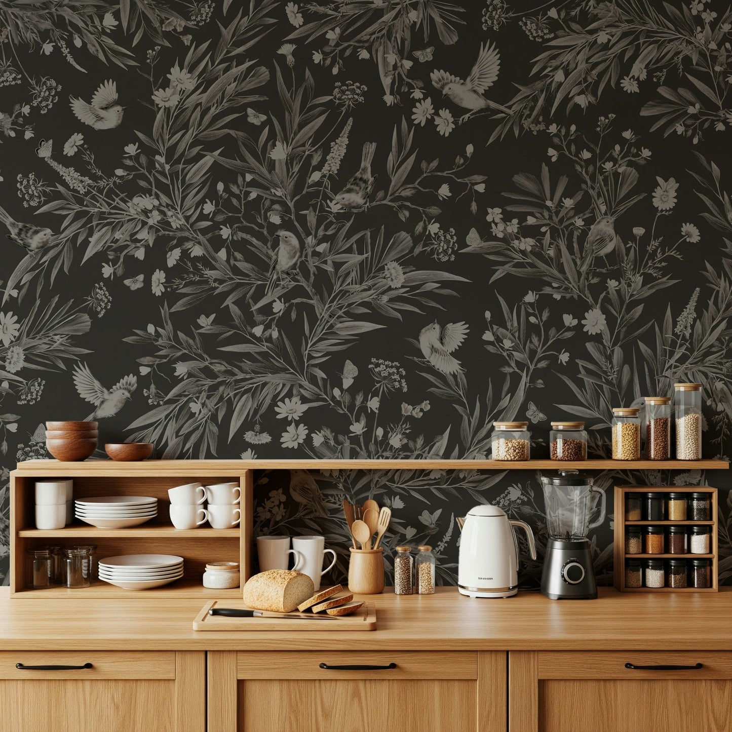 Lush floral pattern on the Nocturnal Song Floral & Birds Wall Mural.