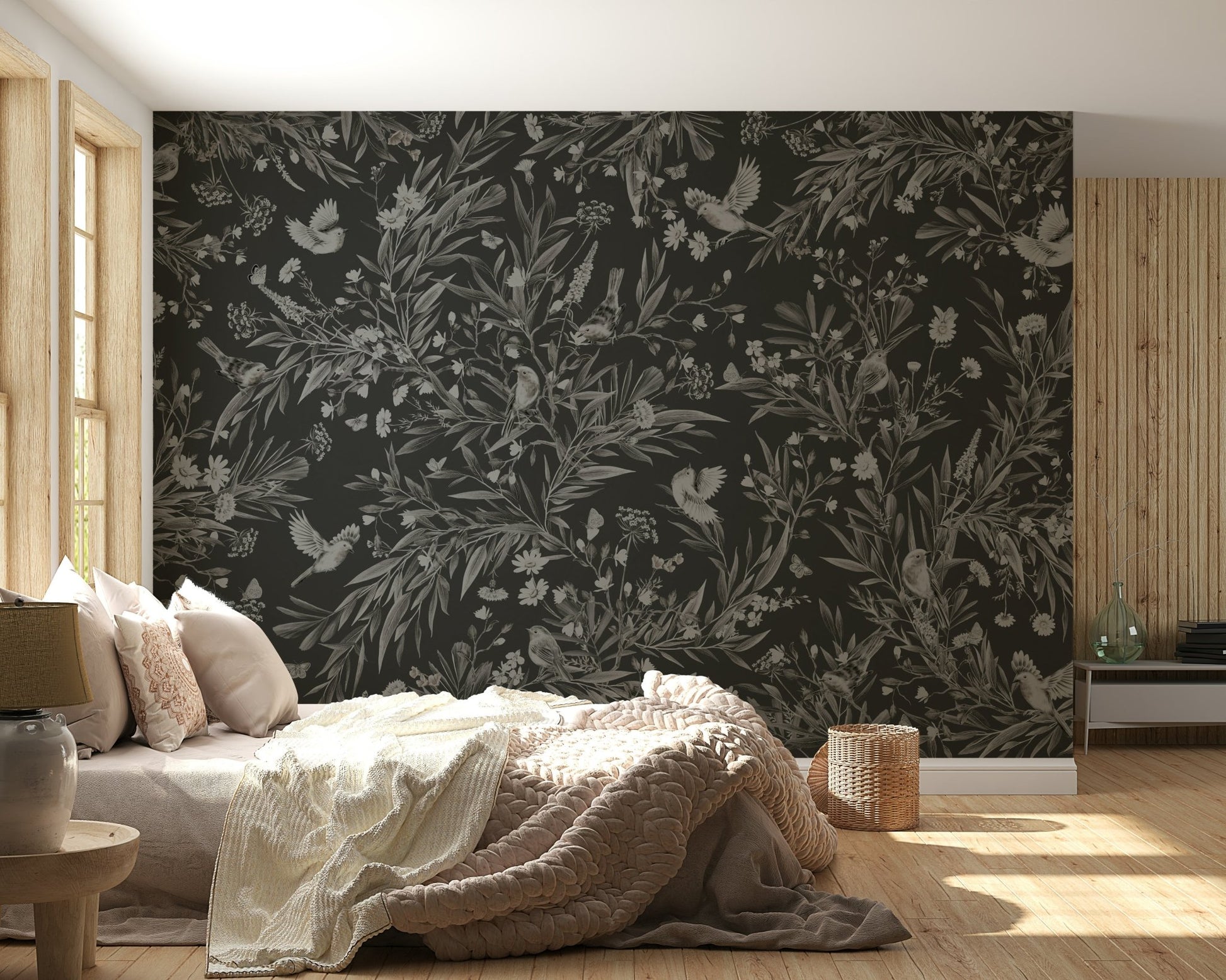 Intricate botanical details on the Nocturnal Song Floral & Birds Wall Mural.