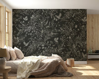 Intricate botanical details on the Nocturnal Song Floral & Birds Wall Mural.