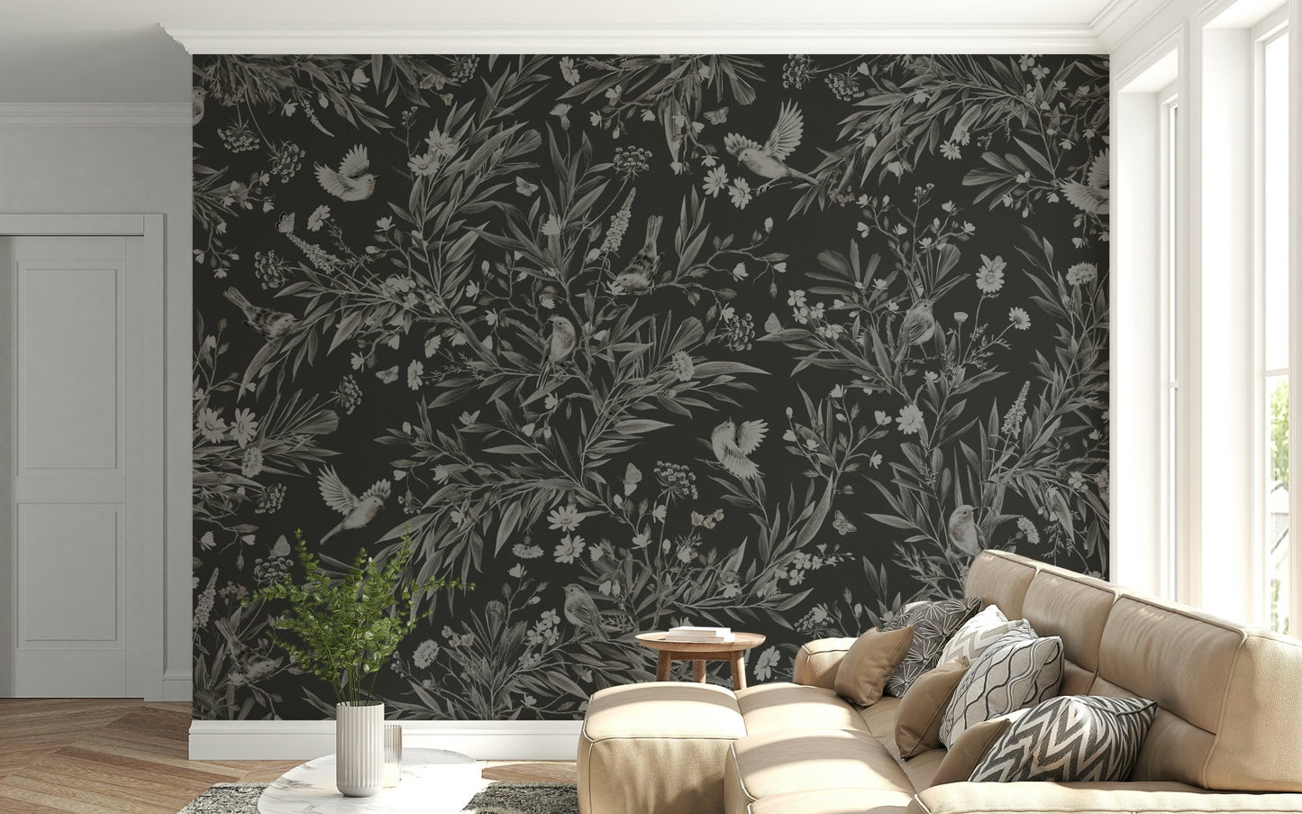 Dark bedroom accent wall with the Nocturnal Song Wall Mural.