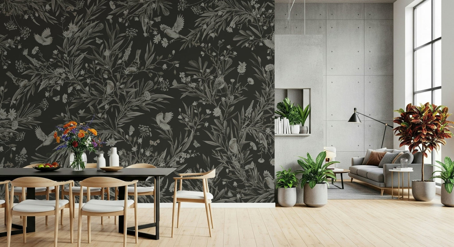 Artistic render of the complete Nocturnal Song Floral & Birds Wall Mural.