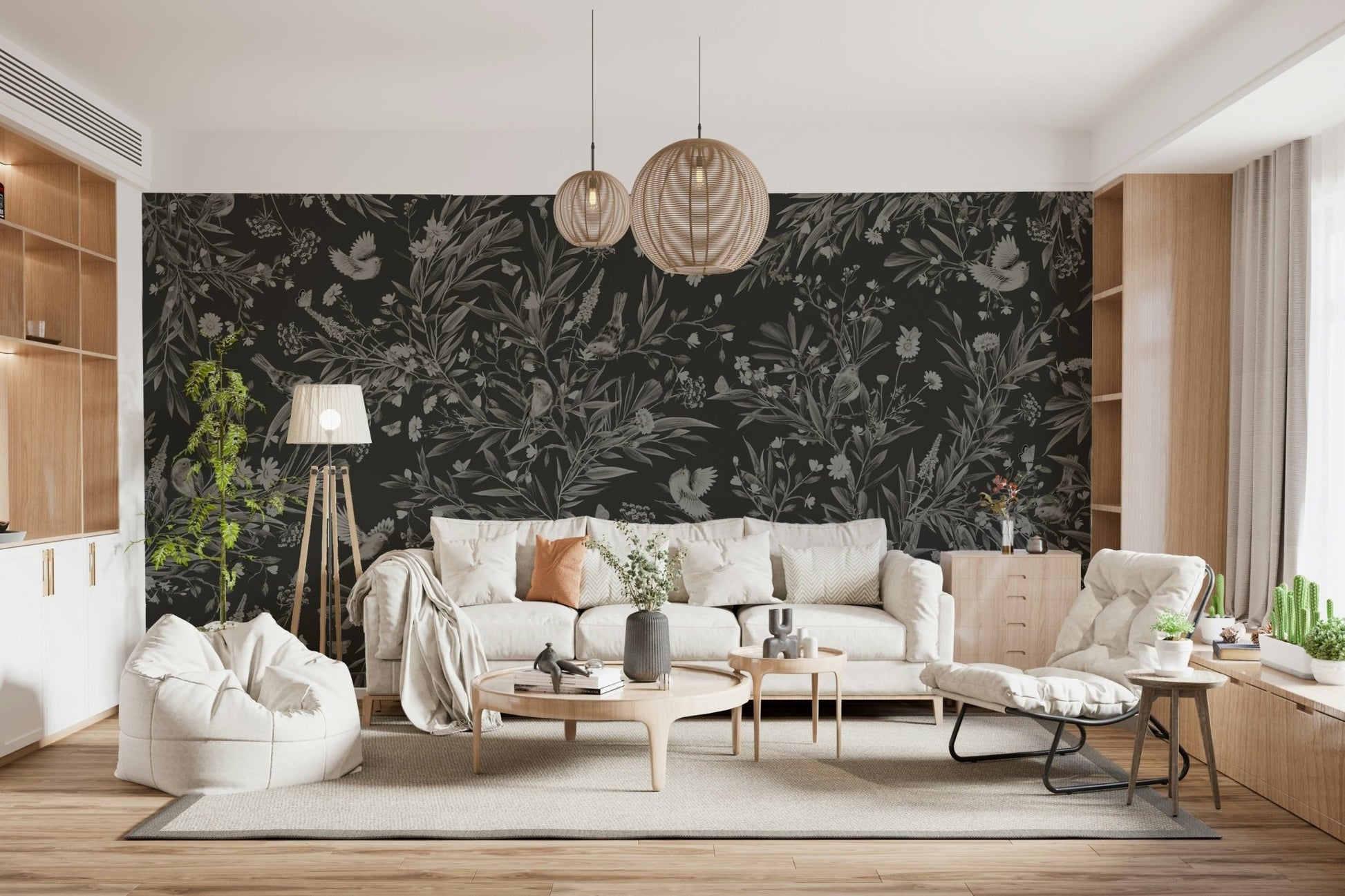 Moody bird detail on the Nocturnal Song Floral & Birds Wall Mural.