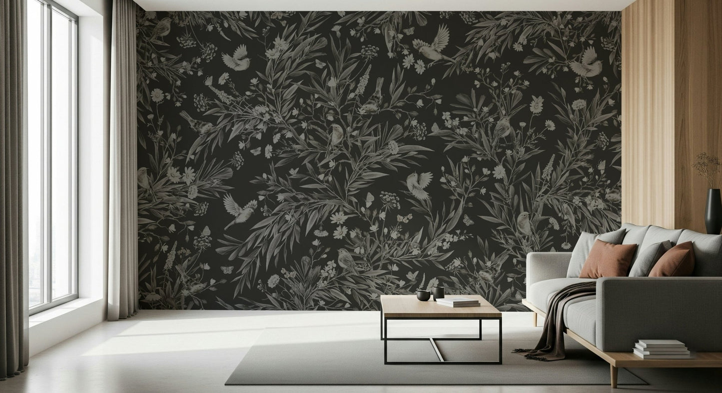 Stylish dining area featuring the Nocturnal Song Wall Mural design.