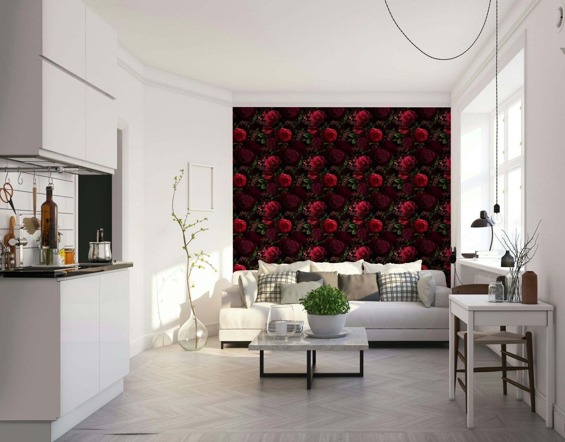 Accent wall with bold floral wallpaper, GD896
