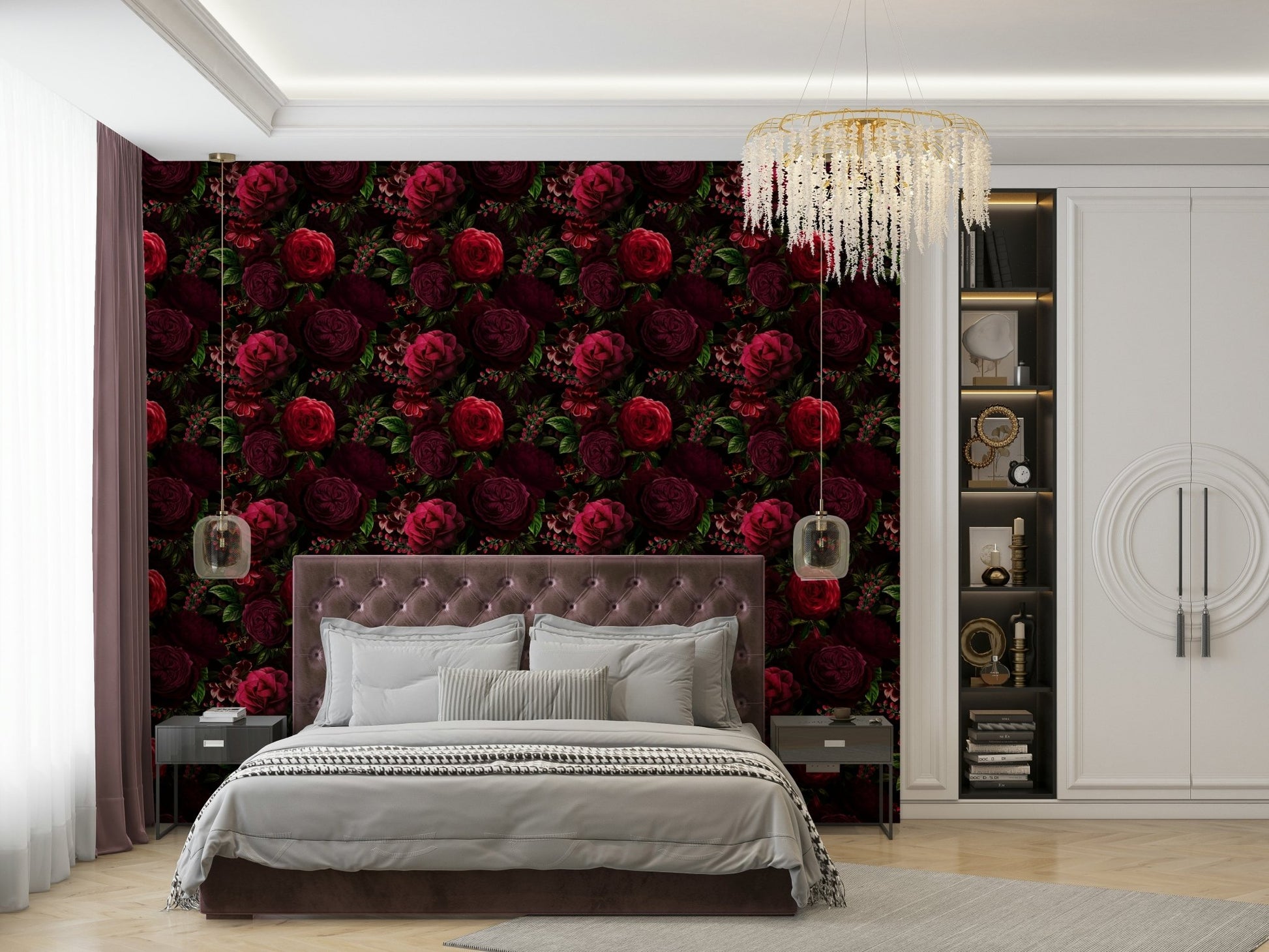 Nocturne Blooms wallpaper on living room wall, GD896