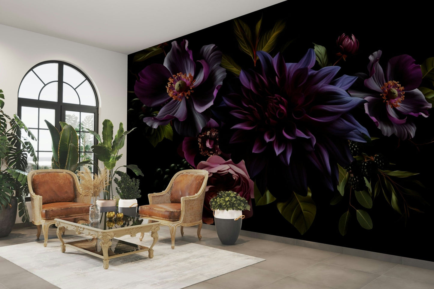 Nocturnal floral mural with layered textures

