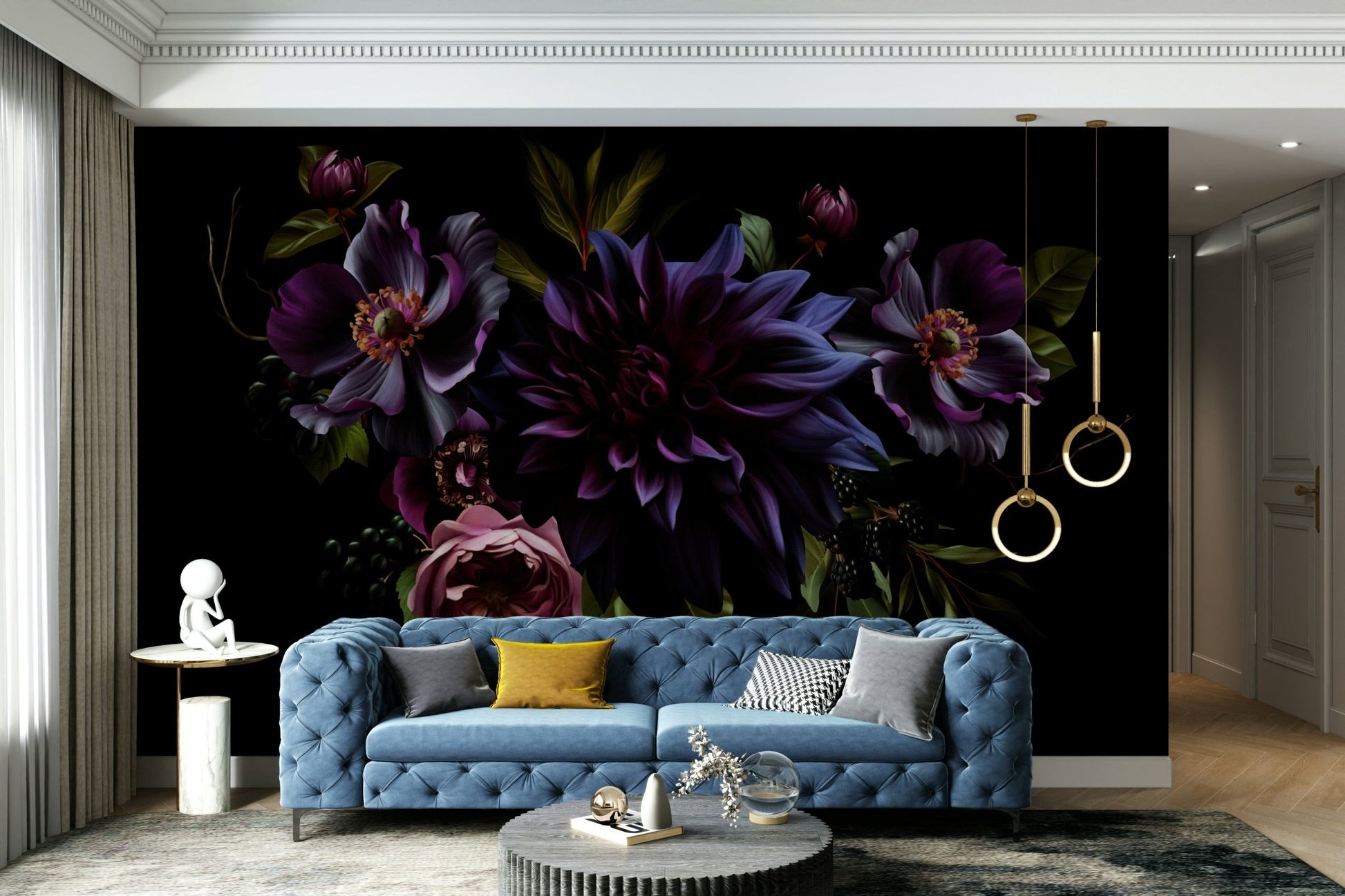 Artistic flower wall design in dark shades

