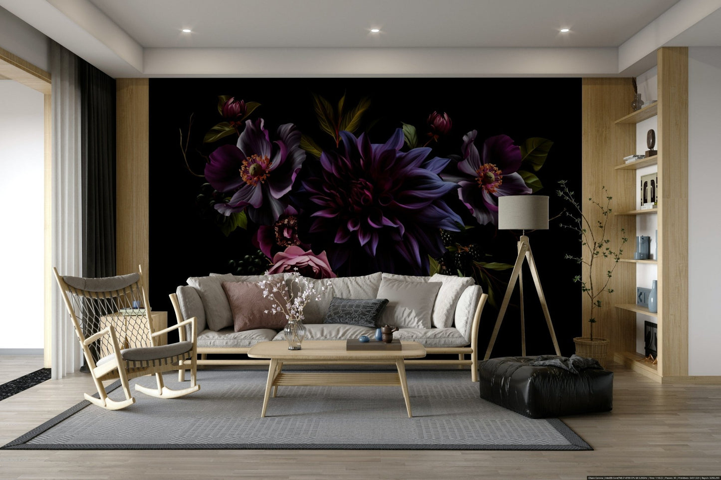 Nocturne garden wall mural with dark floral tones

