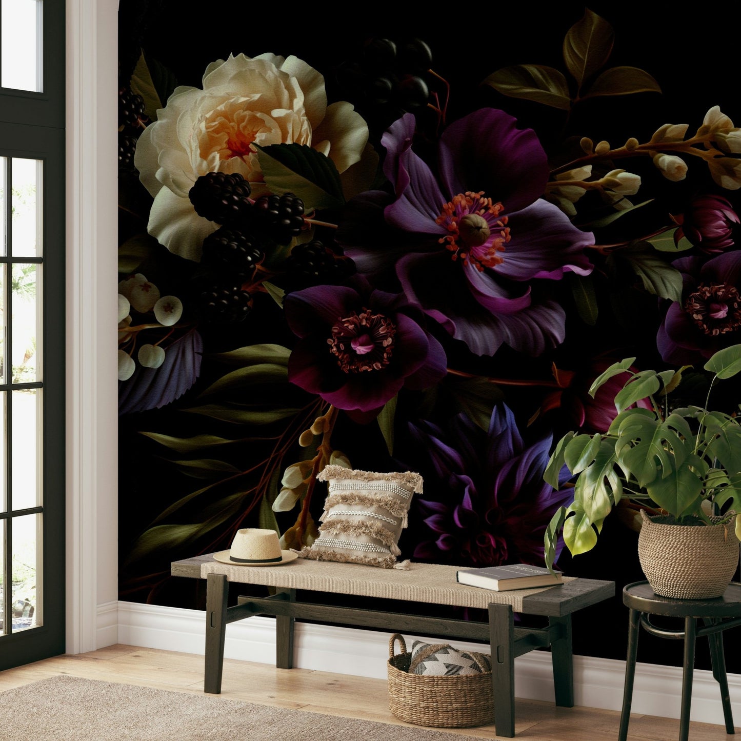 Moody flower wall mural with artistic blooms

