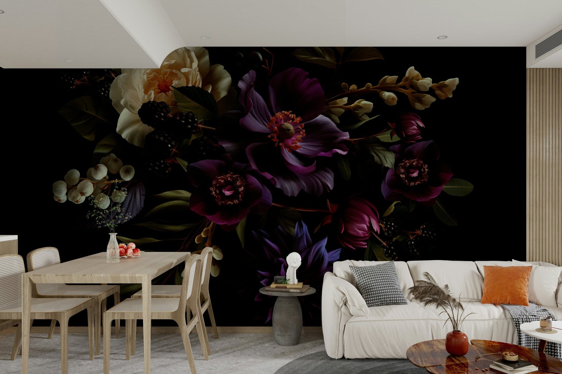 Nocturne in Bloom 1 mural with dark floral tones

