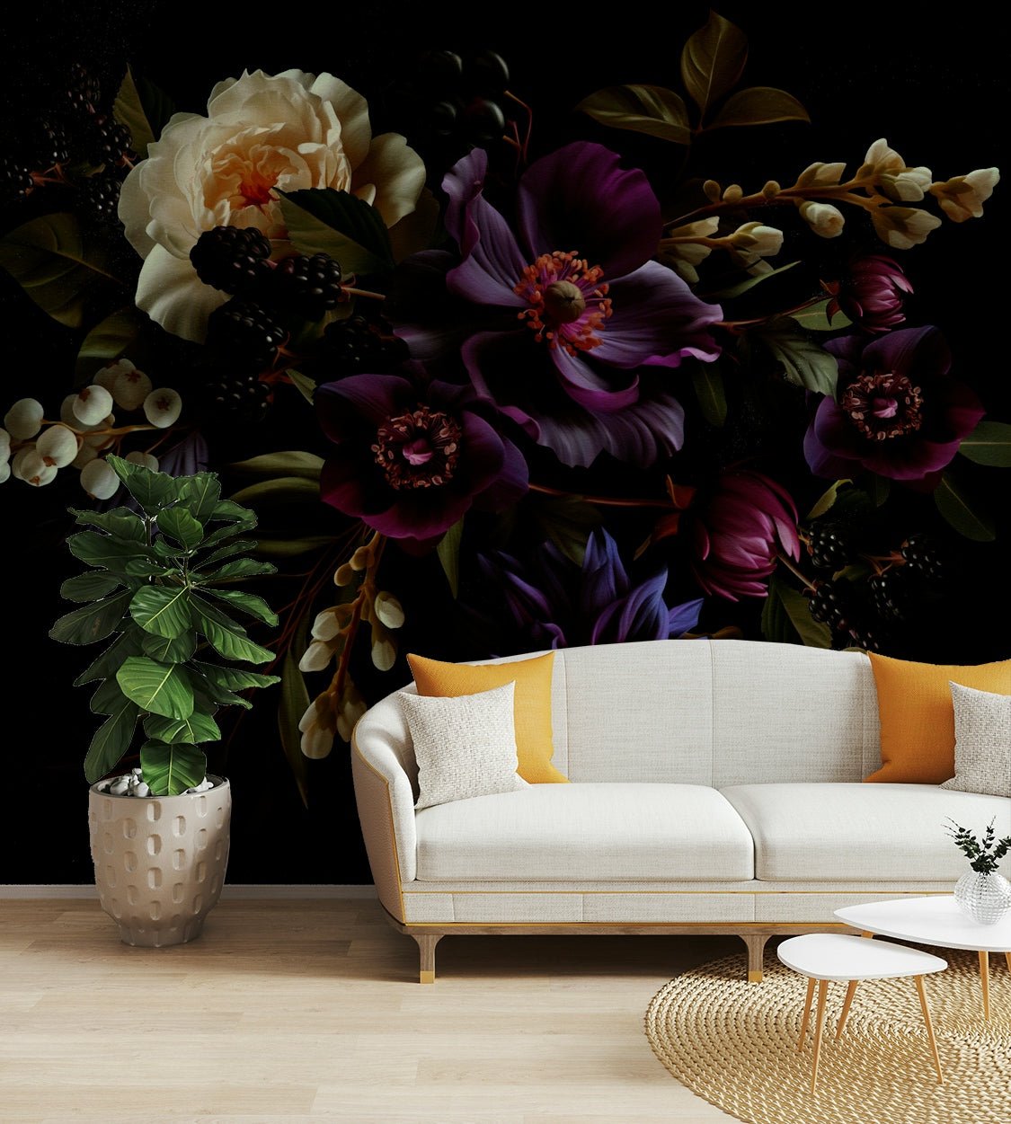 Deep floral wallpaper with expressive brushstrokes

