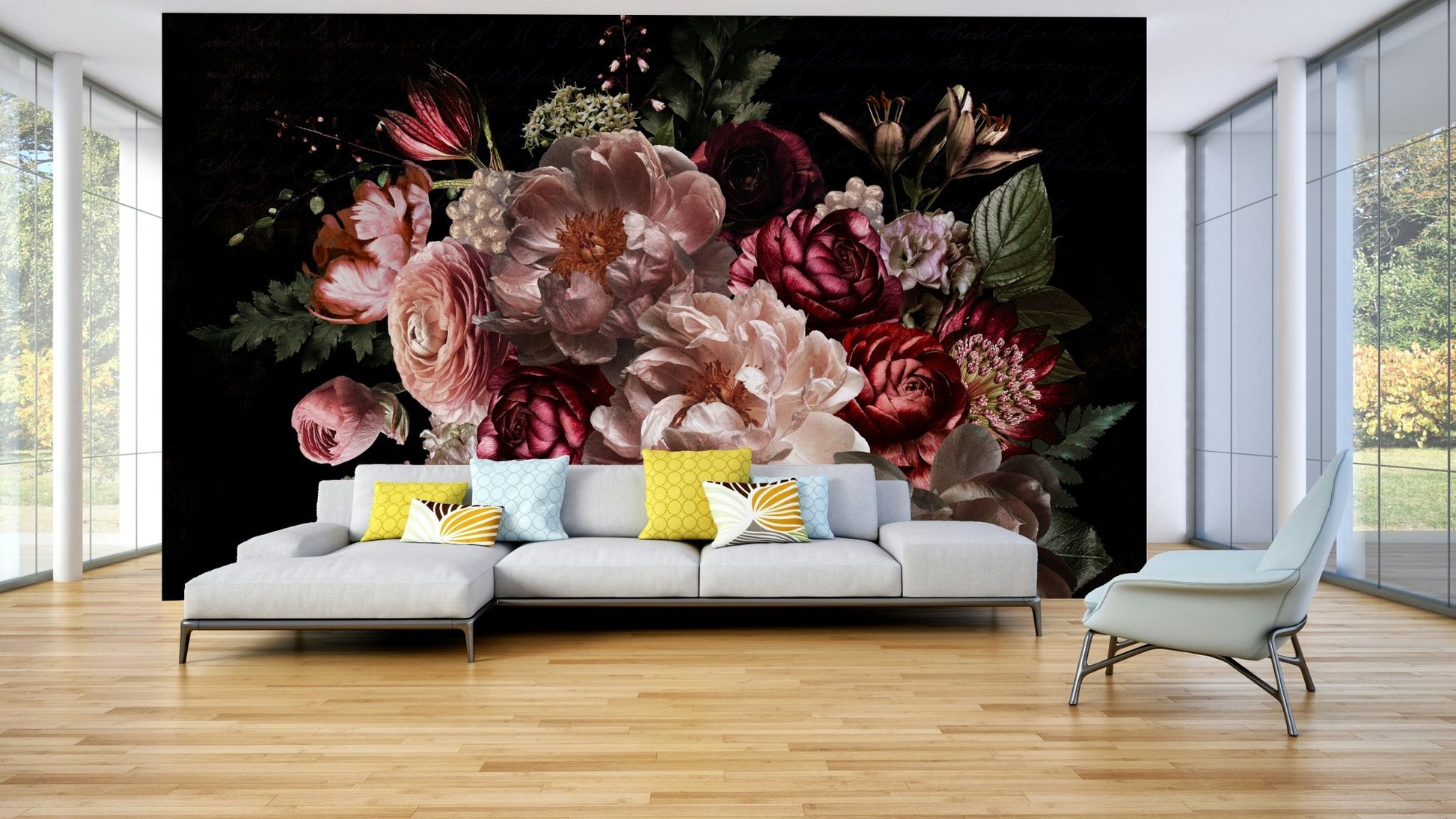 Night-inspired mural with rich flower patterns

