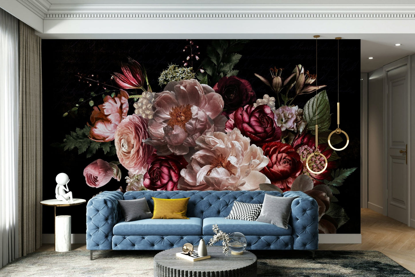 Romantic floral mural in midnight shades

