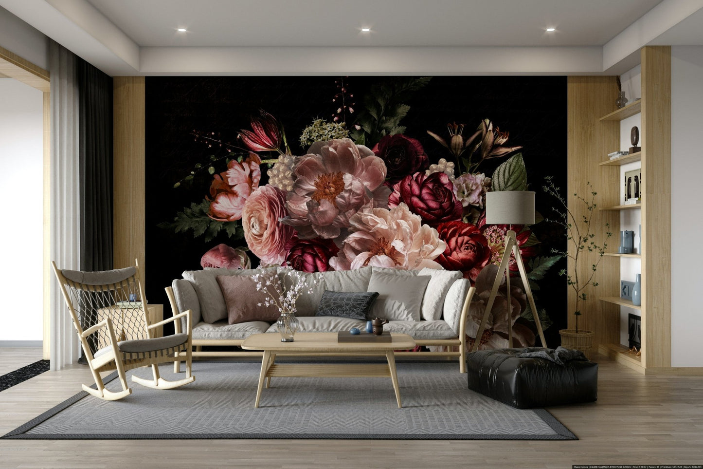 Deep-toned flower wall design in artistic style

