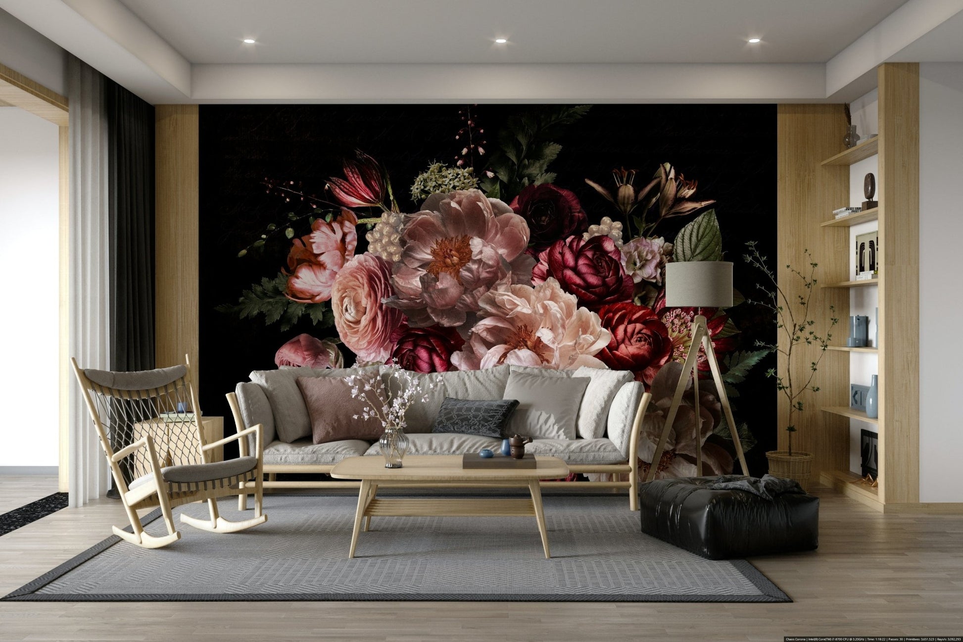 Deep-toned flower wall design in artistic style

