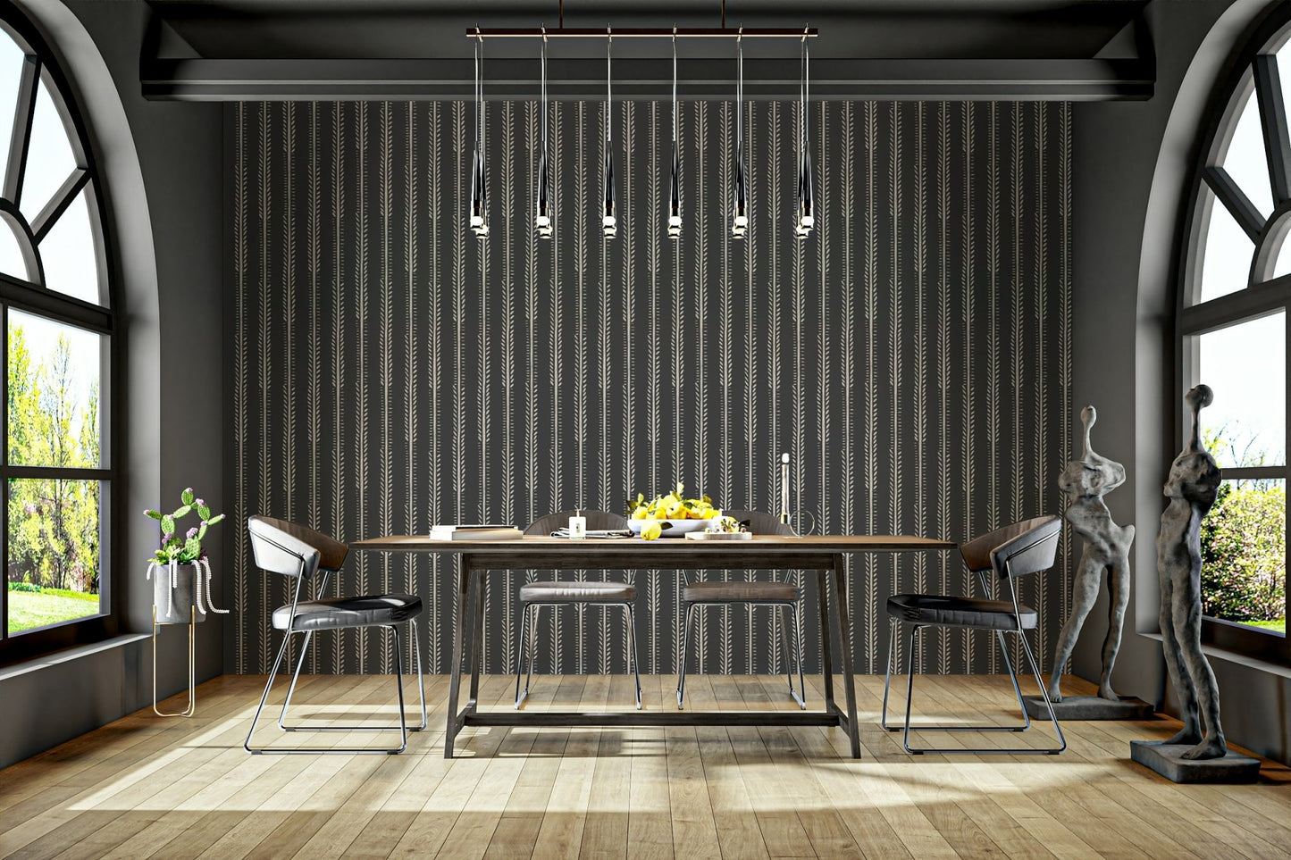 Dark-toned wallpaper with sleek linear texture

