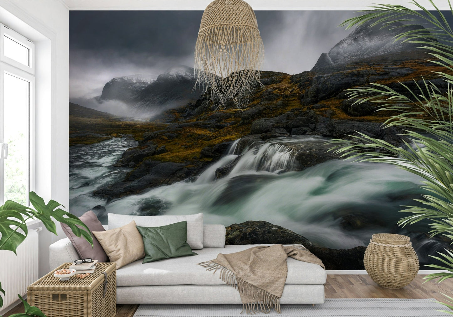A peaceful modern abstract mural on decorative wallpaper.