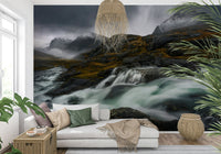 A peaceful modern abstract mural on decorative wallpaper.
