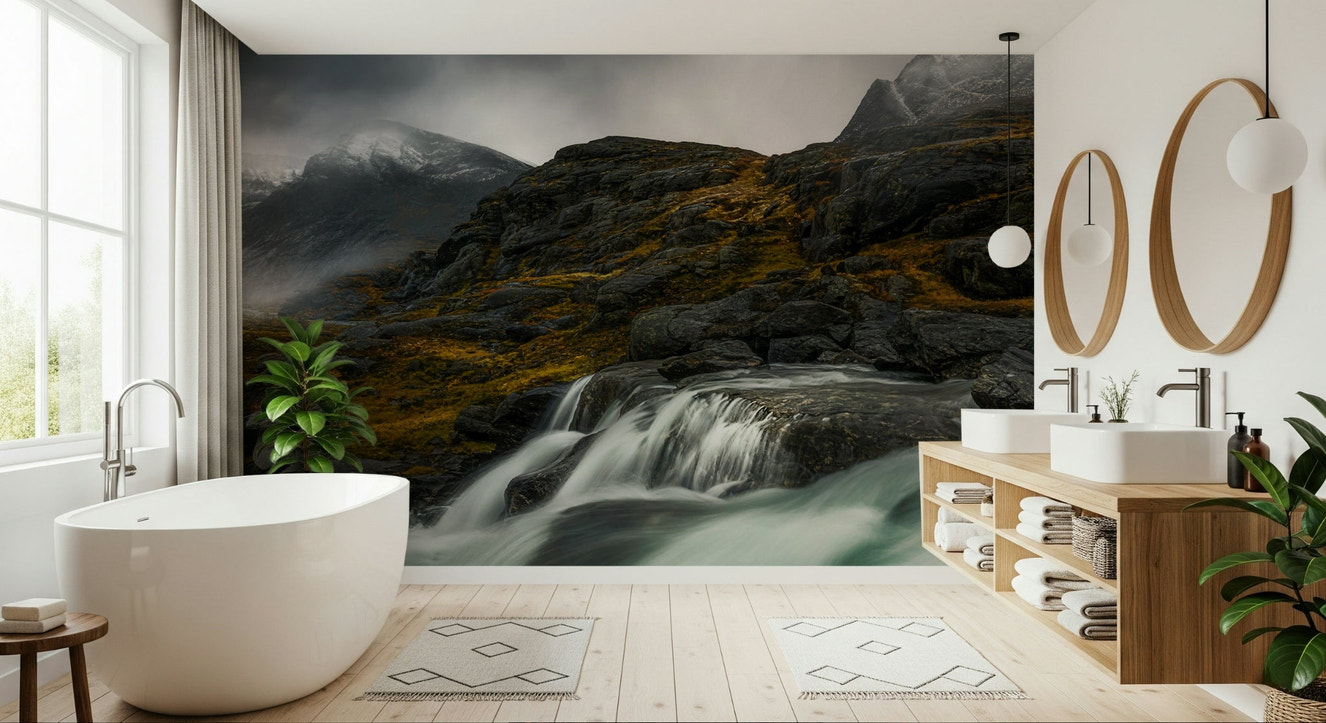 A beautiful dark abstract mountain wallpaper mural with flowing lines.