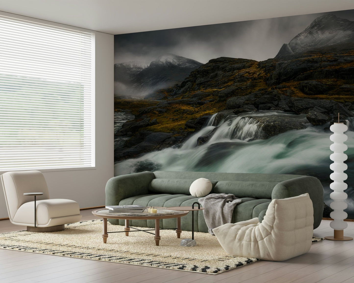 An artistic soft focus landscape mural on minimalist wallpaper.