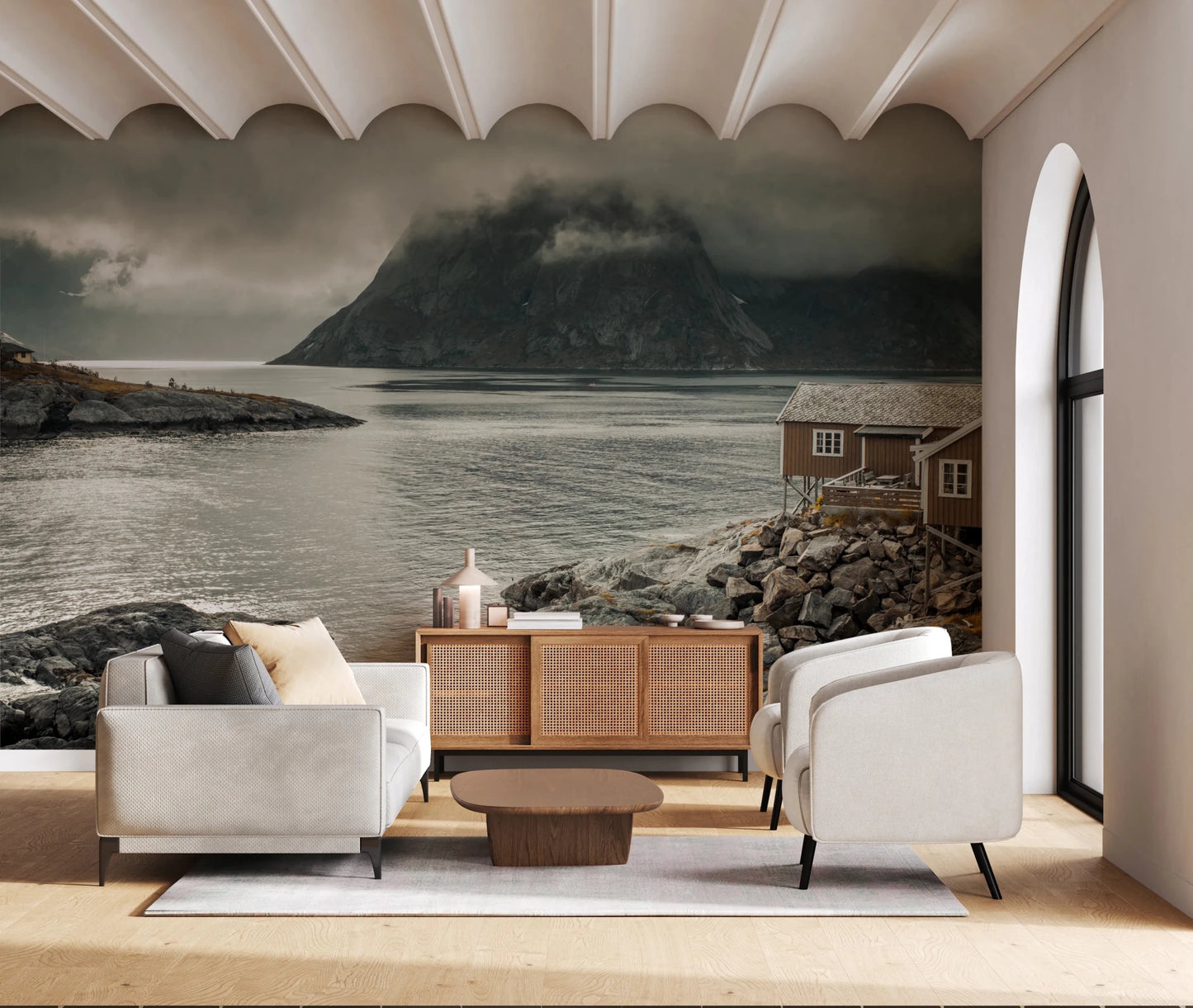 A moody fjord setting gives this Nordic Wall Mural quiet landscape depth, GD8639