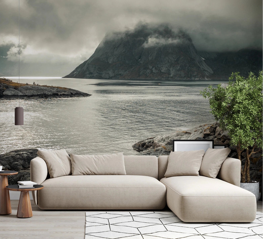 Living room with Nordic Coastal Retreat Wall Mural and rocky fjord view