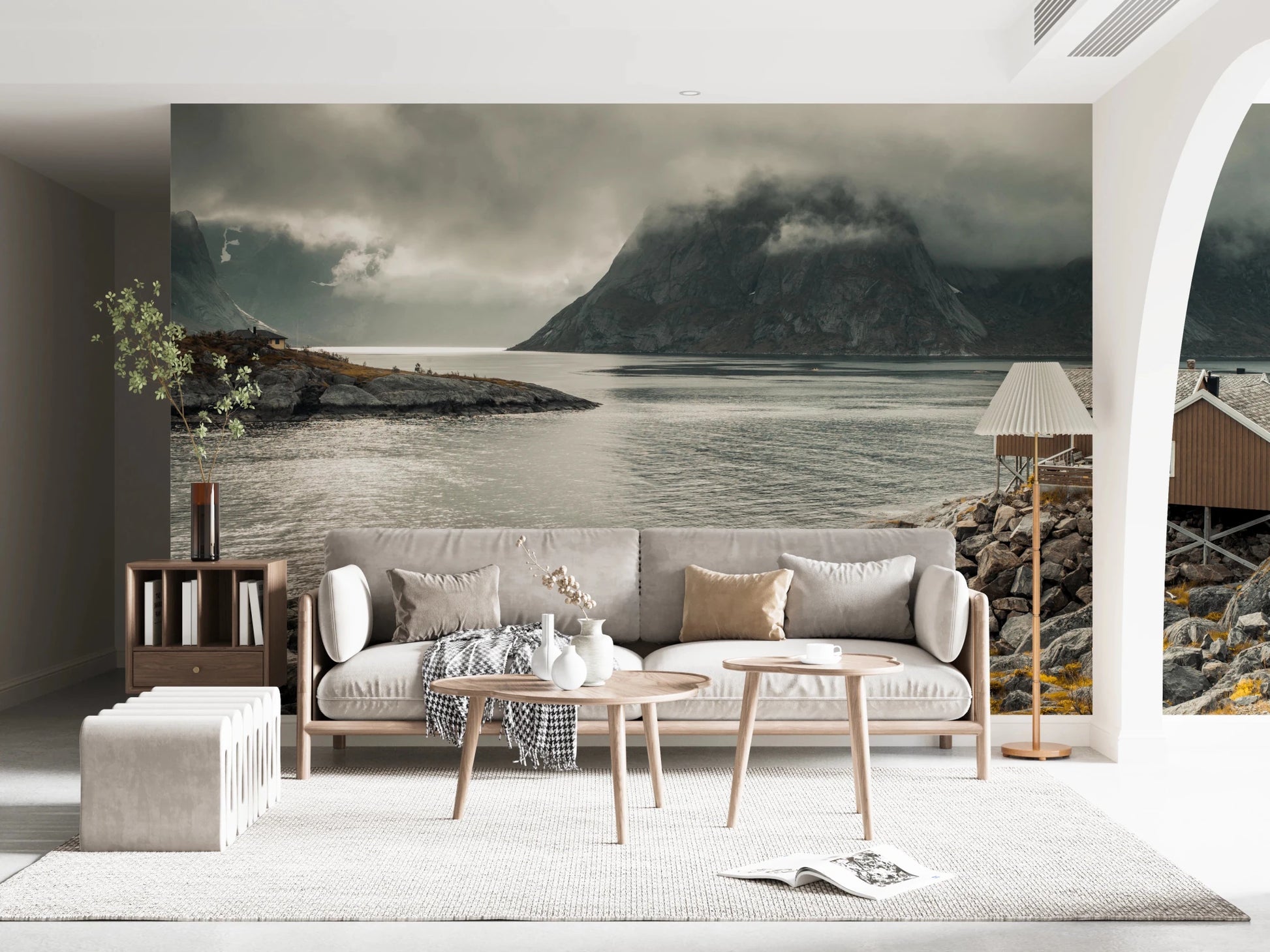Hallway styled using Nordic Coastal Retreat Wall Mural with timber cabins, GD8639