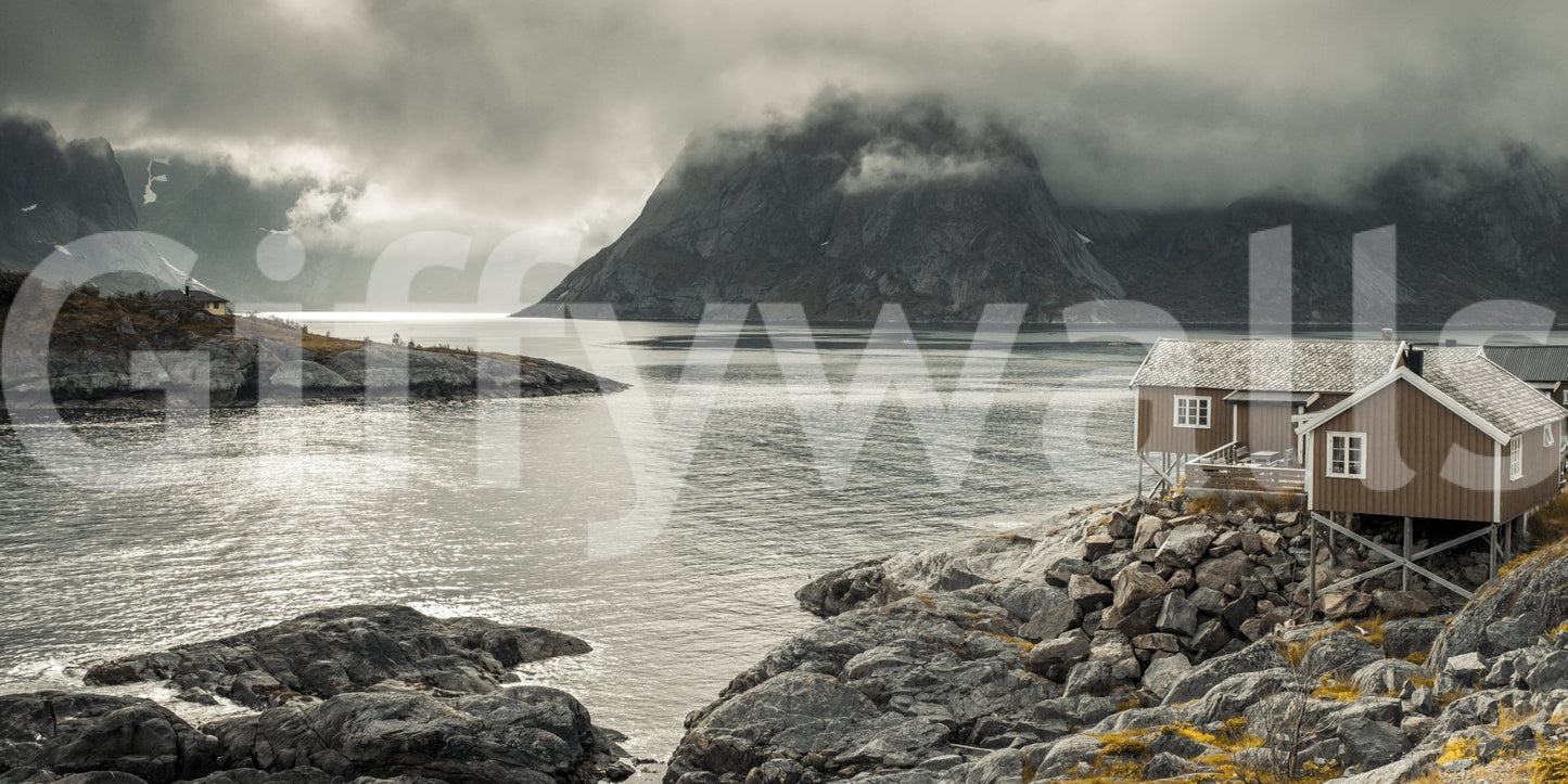 Natural stone foreground adds texture to the Nordic Coastal Retreat Wall Mural, GD8639