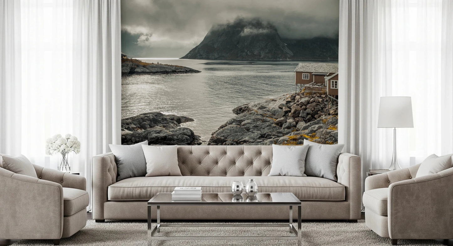 Living room showing Coastal Retreat Wall Mural beside still Nordic water, GD8639