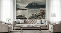 Living room showing Coastal Retreat Wall Mural beside still Nordic water, GD8639