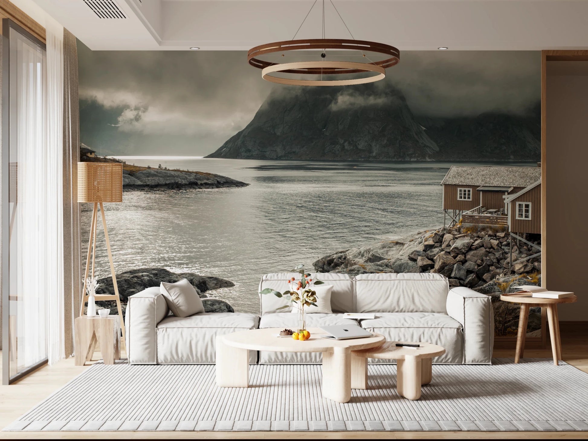Calm water and cloud-covered peaks shape the Coastal Retreat Wall Mural scene, GD8639