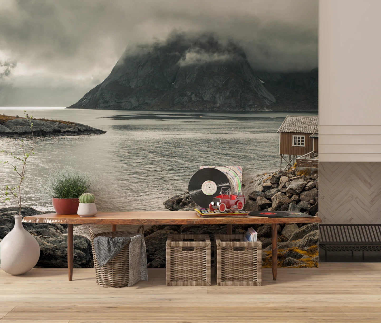 Home wall featuring Nordic Coastal Wall Mural and misty mountain backdrop, GD8639