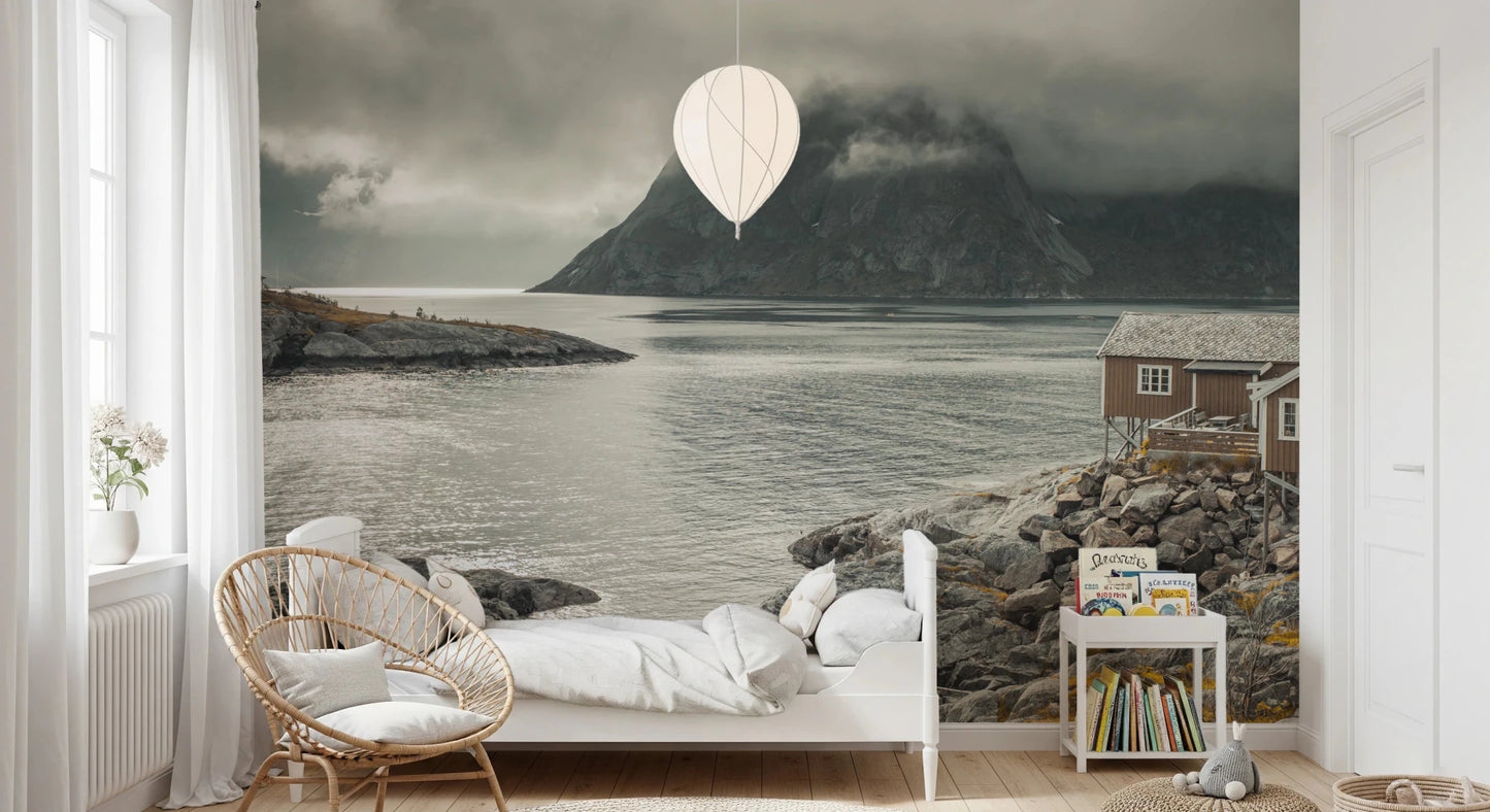 Mountain mist and weathered cabins bring character to this coastal wall mural, GD8639