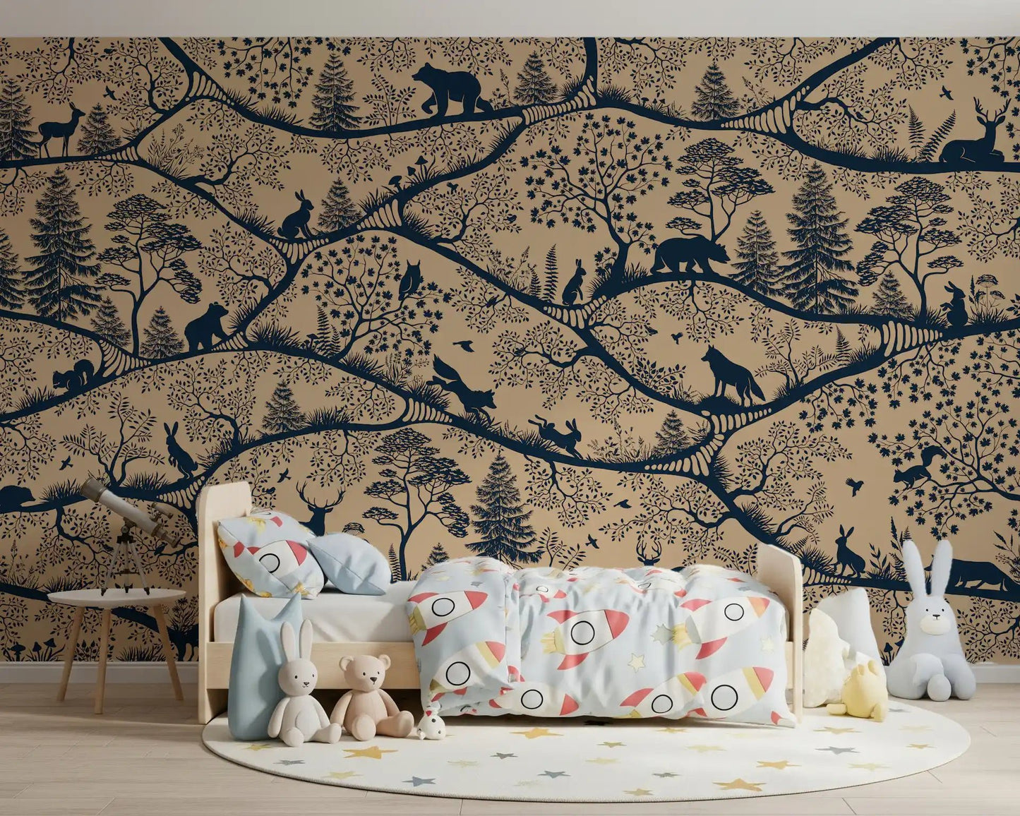 Kids bedroom with Nordic Nature Beige Blue Forest Wall Mural, GD9189