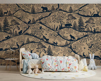 Kids bedroom with Nordic Nature Beige Blue Forest Wall Mural, GD9189