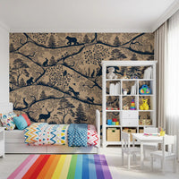 Children room with Nordic Nature Beige Blue Wall Mural forest scene, GD9189