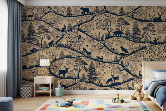 Bedroom styled in Nordic Nature Beige Blue Animal Wall Mural