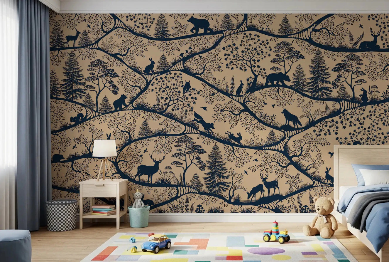 Bedroom styled in Nordic Nature Beige Blue Animal Wall Mural