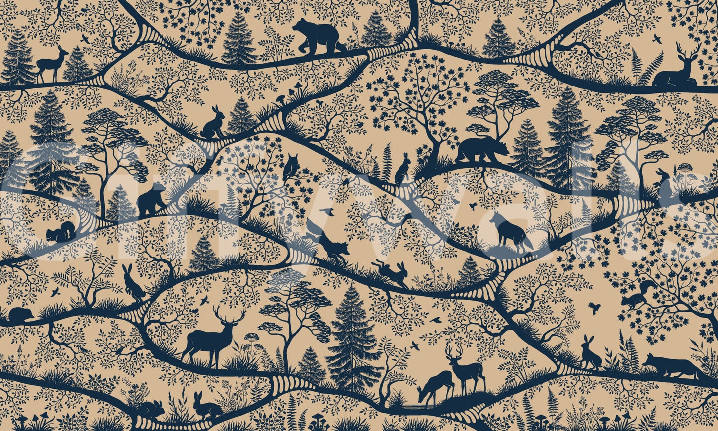 Nordic Nature Beige Blue Wall Mural with forest silhouettes, GD9189