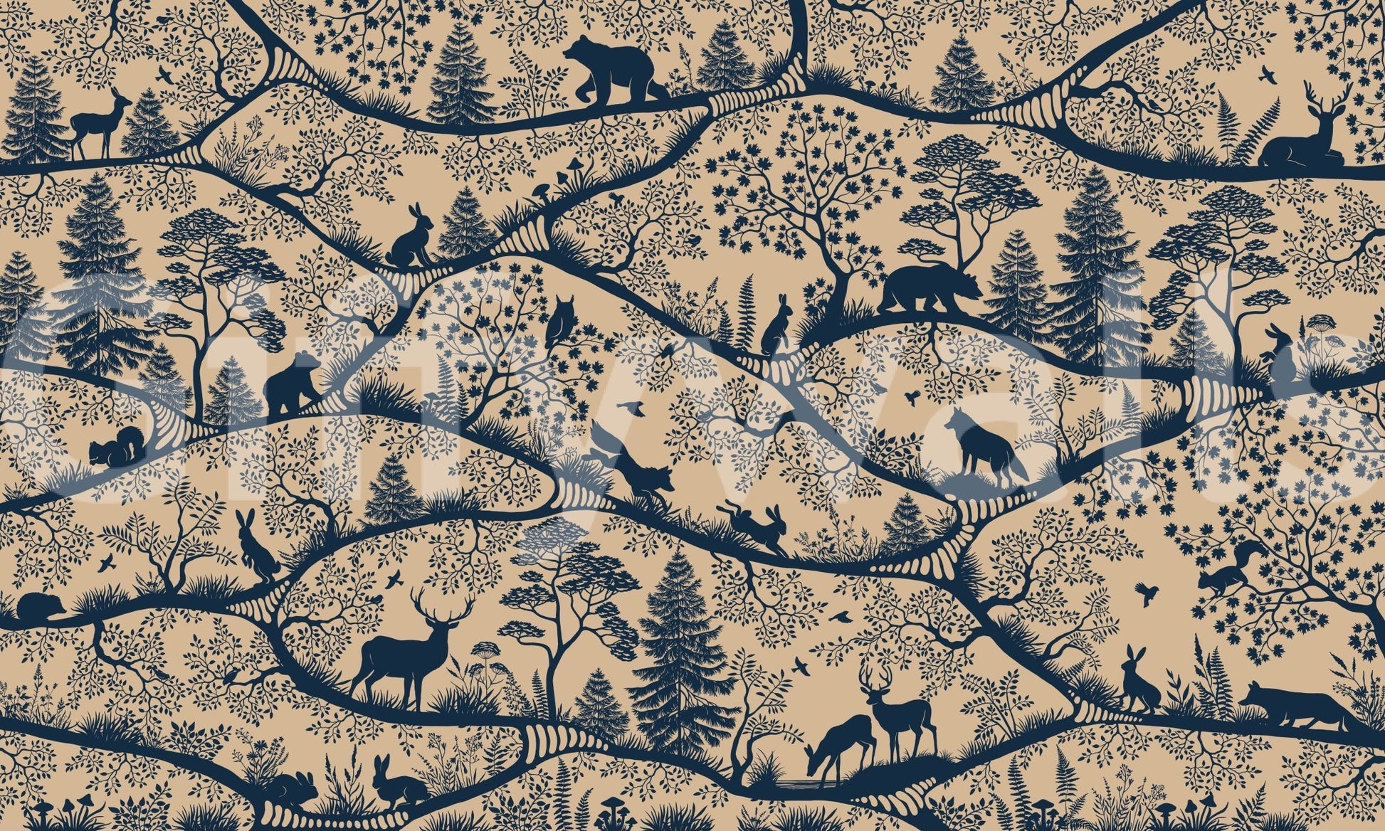 Nordic Nature Beige Blue Wall Mural with forest silhouettes, GD9189