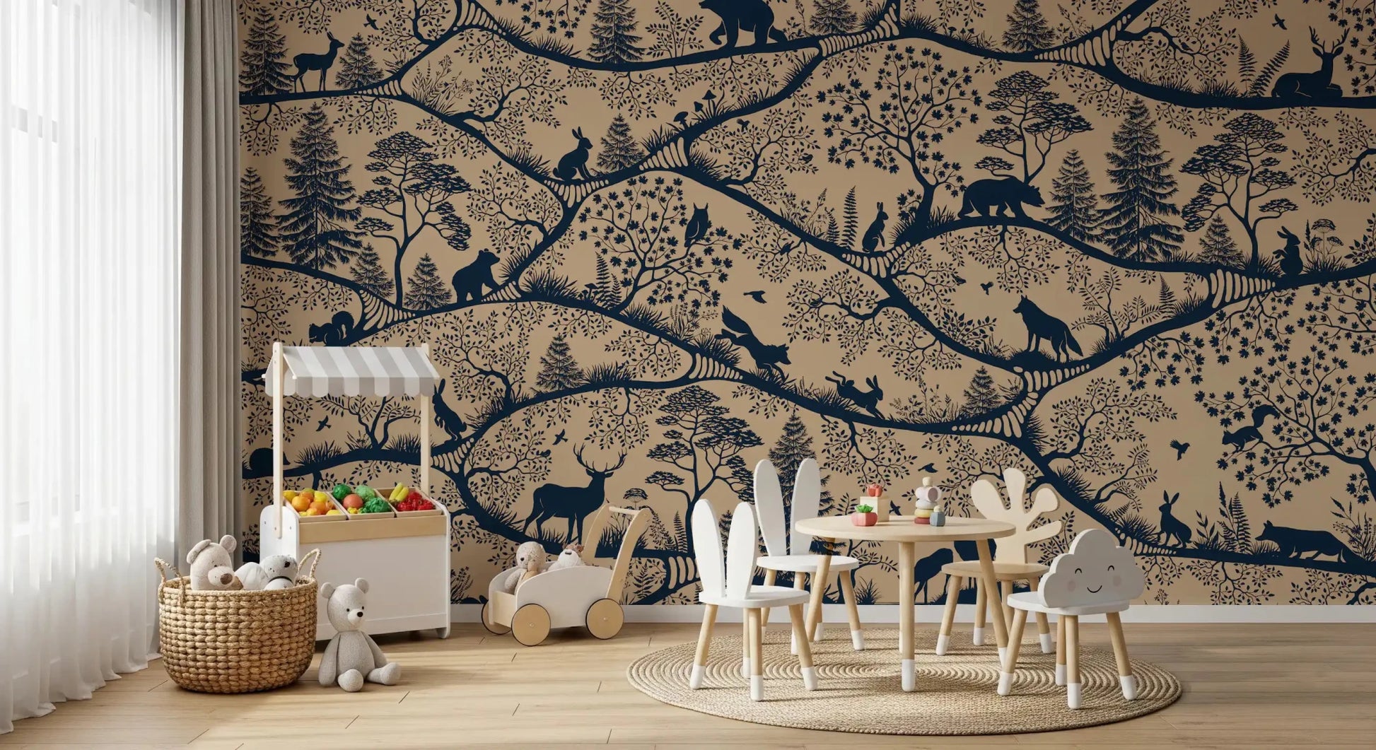 Nordic Nature Beige Blue Wall Mural with layered tree forms, GD9189