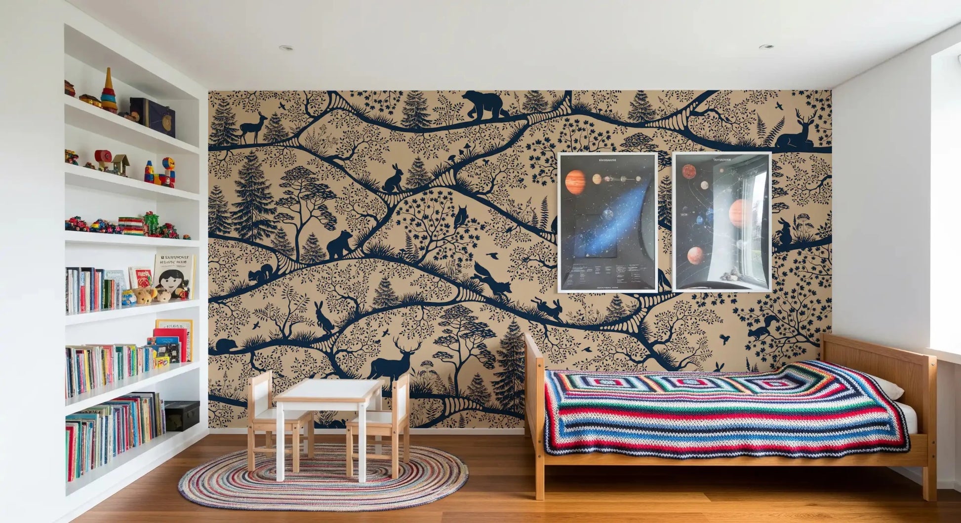 Nordic Nature Beige Blue Wall Mural with deer and bear shapes, GD9189