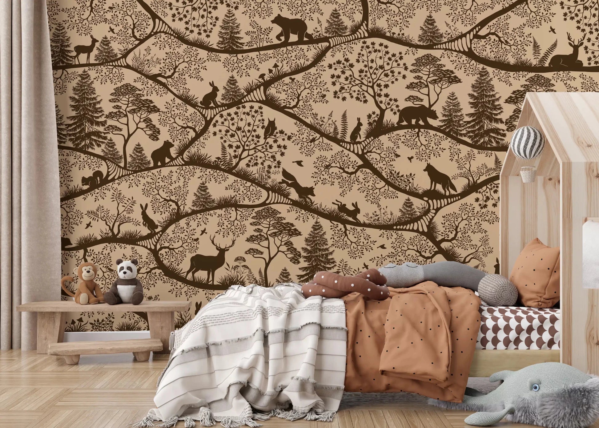 Nordic Nature Beige Brown Wall Mural with bear and woodland detail, GD9190